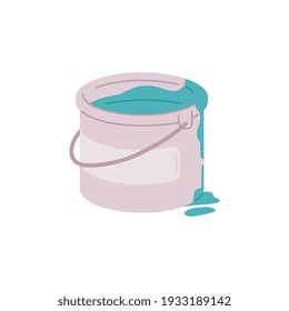 Paint bucket with liquid teal blue color dripping out isolated on white background. Vector illustration of open painting container with drip spill