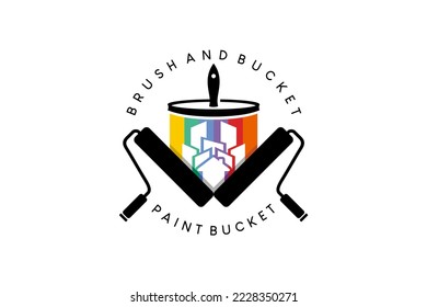 Paint bucket logo design with brush and roller in modern and creative concept