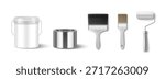 Paint bucket mockup set with realistic metal can, white plastic container, roller and brushes. 3D painting tools - steel tin with lid, wall roller and paintbrushes for home improvement and repair.