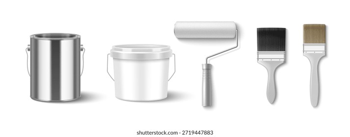 Maqueta de cubo de pintura con lata de metal realista, contenedor de plástico blanco, rodillo y cepillos. Herramientas de pintura 3D: lata de acero con tapa, rodillo de pared y pinceles para mejoras y reparaciones en el hogar.