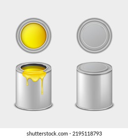Paint bucket package. Blank stainless paint container for color painting liquid. Painter accessory for drawing and renovate template realistic. 3d vector illustration