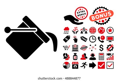 Paint Bucket pictograph with bonus pictogram. Vector illustration style is flat iconic bicolor symbols, intensive red and black colors, white background.