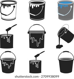 Paint Bucket Printable Vector Illustration Silhouette, Collection of Paint Cans and Buckets with Brushes