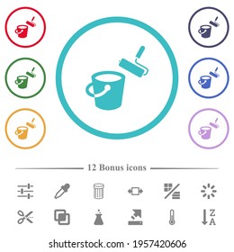 Paint bucket and paint roller flat color icons in circle shape outlines. 12 bonus icons included.