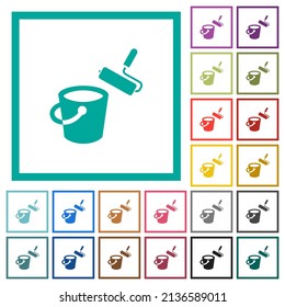 Paint bucket and paint roller flat color icons with quadrant frames on white background