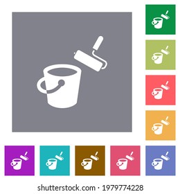 Dibujar iconos planos de balde y rodillos de pintura en fondo cuadrado de color sencillo