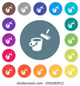 Pintar los iconos blancos planos del cubo y del rodillo de pintura en los fondos de color redondo. Se incluyen 17 variaciones de color de fondo.