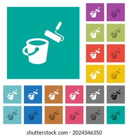 Malereichte Eimer- und Malerwalze, mehrfarbige Flachsymbole auf einfarbigem Hintergrund. Weiße und dunklere Icon-Variationen für Hover oder aktive Effekte.