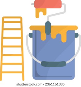 Paint Bucket with Roller and Step Ladder concept, painter and decorator vector icon design, Handyman Services symbol, House Repairing sign, Civil Engineering and Building Contractor stock illustration