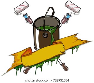 paint bucket and rollers with a yellow distressed ribbon