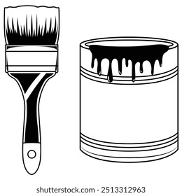 Baldes de tinta e uma ilustração de pincel., 