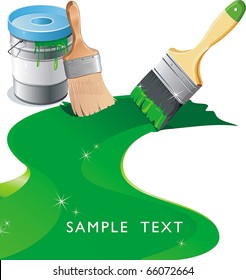 Pintar cubos y pincel. Elegante Vector Ilustración de pinceles de pintura y franja de colores pintados con lugar donde.