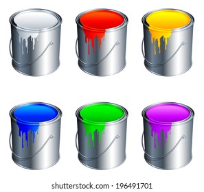 Paint buckets with color paint.