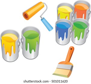 Paint buckets with color paint vector. Modern vector icon on white. Illustration symbol icon isolated on white