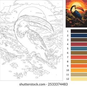 Pintar por número Patrón, tucán y puesta de sol ilustración, color por número para adultos