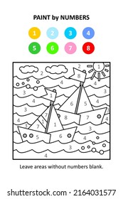 Paint by numbers, or color by code, else color by number, activity page for kids. Sailboats regatta at the pond.
