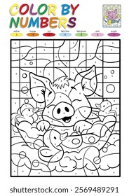 Paint by numbers. Coloring page puzzle for children. A little pig taking a bath.