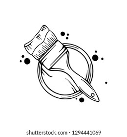 Paint can and brush. Paint bucket with color paint and brush hand drawn vector illustration.
Iron bank with paint and brush splash sketch drawing. Top view.