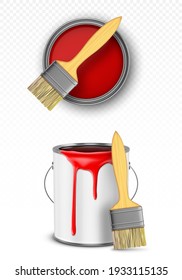 Paint can with brush, tin bucket with red dripping drops top and front view, metal pot, container with dye for renovation works isolated on transparent background, Realistic 3d vector illustration