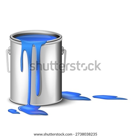 Paint can overflowing with bright blue liquid dripping down the side and forming puddles on the white ground symbolizes accidental spillage or vibrant artistic element.