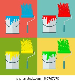 Paint can and paint roll in different colors vector concept
