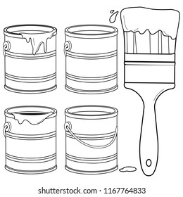 Paint cans and a brush. Vector black and white coloring page.