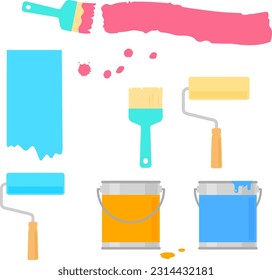 Paint cans, brushes and rollers