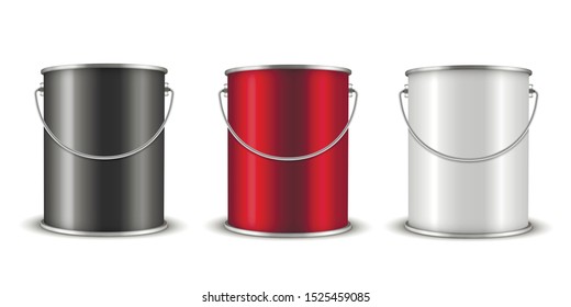 Paint cans realistic colorful vector illustrations set. Bright metal containers collection isolated on white background. Tin buckets with pigment pack. Home redecoration and repair concept