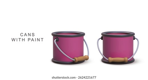 Paint Cans For Renovation, Decoration, DIY Projects, And Interior Design, Full Buckets Of Color With Handles On White Background, Vector Illustration.