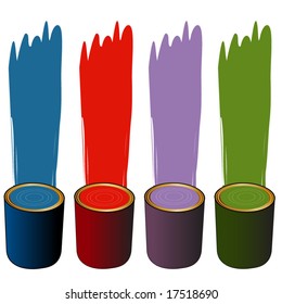 paint cans with sample brush strokes behind