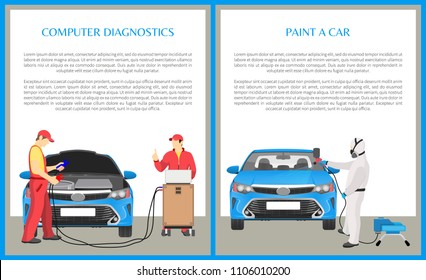 Paint car and computer diagnostics done by professional workers, maintenance of vehicles, transport service banners collection vector illustration