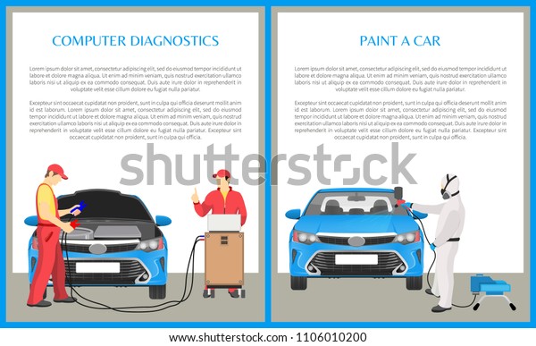 Paint car and computer diagnostics\
done by professional workers, maintenance of vehicles, transport\
service banners collection vector\
illustration