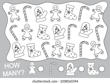 Paint Christmas (new year) objects and count how many. Mathematical game for children
