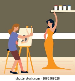 paint class art, girl sitting painting a female model in the studio