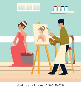 paint class art, man student and picture female model in the studio