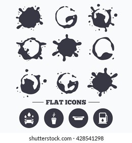 Paint, coffee or milk splash blots. Petrol or Gas station services icons. Automated car wash signs. Hotdog sandwich and hot coffee cup symbols. Smudges splashes drops. Vector