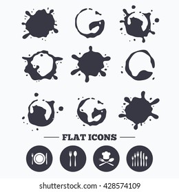 Paint, coffee or milk splash blots. Plate dish with forks and knifes icons. Chief hat sign. Crosswise cutlery symbol. Dessert fork. Smudges splashes drops. Splash signs. Vector