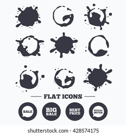 Paint, coffee or milk splash blots. Sale icons. Special offer speech bubbles symbols. Smudges splashes drops. Splashes web icons. Splashes graphic signs. Splashes pictures. Vector