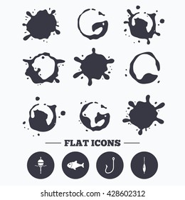 Paint, coffee or milk splash blots. Fishing icons. Fish with fishermen hook sign. Float bobber symbol. Smudges splashes drops. Vector