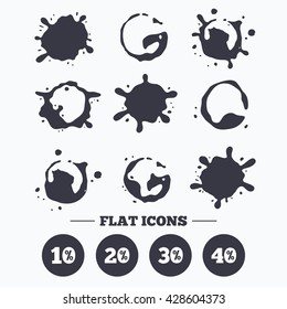 Paint, coffee or milk splash blots. Sale discount icons. Special offer price signs. 10, 20, 30 and 40 percent off reduction symbols. Smudges splashes drops. Vector