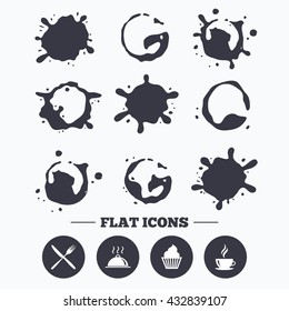 Paint, coffee or milk splash blots. Food and drink icons. Muffin cupcake symbol. Fork and knife sign. Hot coffee cup. Food platter serving. Smudges splashes drops. Vector