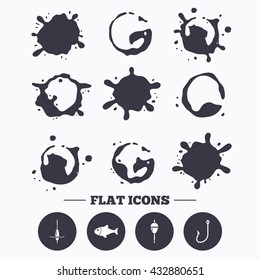 Paint, coffee or milk splash blots. Fishing icons. Fish with fishermen hook sign. Float bobber symbol. Smudges splashes drops. Vector