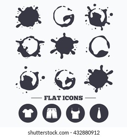 Paint, coffee or milk splash blots. Clothes icons. T-shirt and bermuda shorts signs. Business tie symbol. Smudges splashes drops. Vector