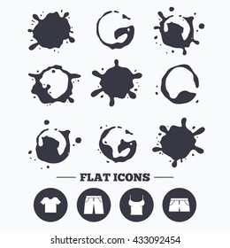 Paint, coffee or milk splash blots. Clothes icons. T-shirt and pants with shorts signs. Swimming trunks symbol. Smudges splashes drops. Vector