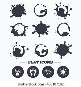 Paint, coffee or milk splash blots. Beach holidays icons. Cocktail, human footprints and palm trees signs. Summer sun symbol. Smudges splashes drops. Vector
