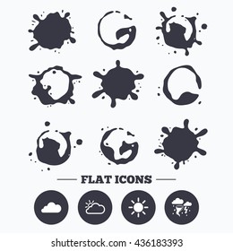 Paint, coffee or milk splash blots. Weather icons. Cloud and sun signs. Storm or thunderstorm with lightning symbol. Gale hurricane. Smudges splashes drops. Vector
