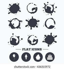Paint, coffee or milk splash blots. Birthday party icons. Cake with ice cream signs. Air balloon with rope symbol. Smudges splashes drops. Vector