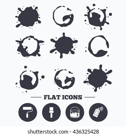 Paint, coffee or milk splash blots. Painting roller, brush icons. Spray can and Bucket of paint signs. Wall repair tool and painting symbol. Smudges splashes drops. Vector