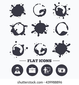 Paint, coffee or milk splash blots. Businessman icons. Human silhouette and cash money signs. Case and presentation symbols. Smudges splashes drops. Vector