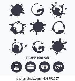 Paint, coffee or milk splash blots. Businessman icons. Human silhouette and cash money signs. Case and gear symbols. Smudges splashes drops. Vector